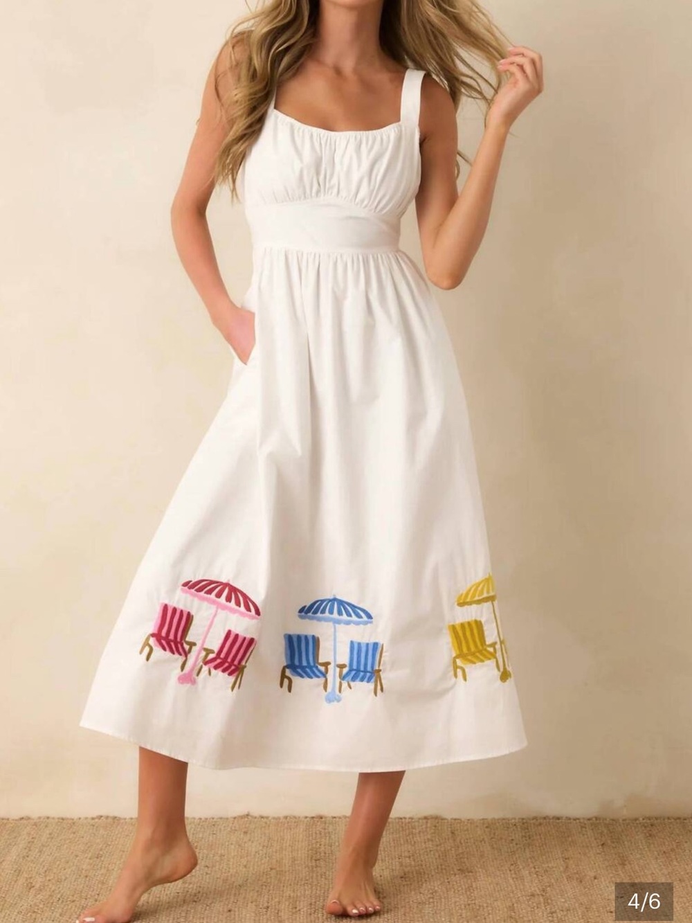 White Midi Sundress Skirt with Multicolor Beach Motif